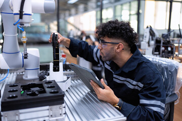 Engineer sitting in robot fab. room use tablet pc quality check robot arm hardware engineering