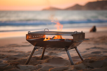 Barbecue grill with fire flames. Barbecue ready to use, empty. Sunset on the beach, by the sea. Sunset beach background. Generative AI