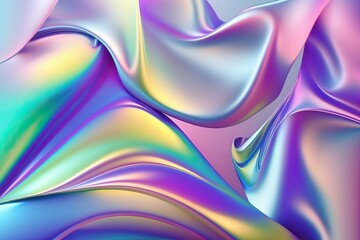 Generative AI illustration of holographic liquid background. Holographic iridescent backdrop. Pearlescent gradient and foil effect for design prints. Rainbow metal