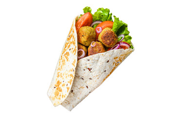 Vegetarian Tortilla wrap with falafel and fresh salad, vegan tacos.  Isolated, transparent background. - obrazy, fototapety, plakaty