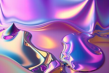 Obraz na płótnie Canvas Generative AI illustration of holographic liquid background. Holographic iridescent backdrop. Pearlescent gradient and foil effect for design prints. Rainbow metal