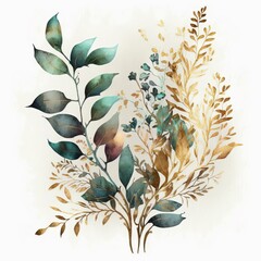 Watercolor floral illustration - green gold leaf branches made with Generative AI