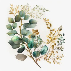 Watercolor floral illustration - green gold leaf branches made with Generative AI