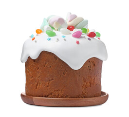 Traditional Easter cake decorated with sprinkles, jelly beans and marshmallows isolated on white