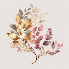 Watercolor floral illustration - pink gold leaf branche made with Generative AI