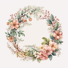 Watercolor flower wreath with pink peach flowers and branches