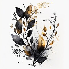 Watercolor illustration - black gold leaf branches made with Generative AI