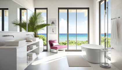 Illustration of modern bathroom with big windows with sea or ocean view, interior created with Generative AI technology.