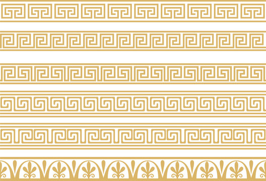 Set Of Vector Seamless Greek Classic Ornament. Pattern For A Border And A Frame. Ancient Greece And The Roman Empire. Endless Golden Meander..