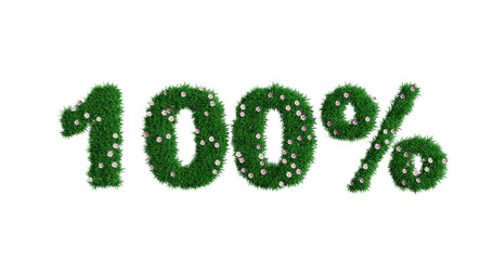 100% green grass sign with flowers, insulation on a white background, the concept of natural products and big discounts, 3d rendering