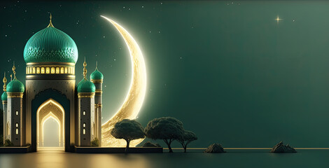 A green mosque with a crescent moon in the background. Generative AI