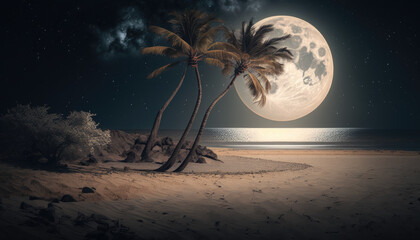 Palm tree amid full moon on sea beach at night created with generative AI technology