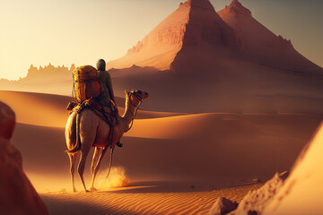 A man riding a camel in the desert with pyramids in the background. Generative AI