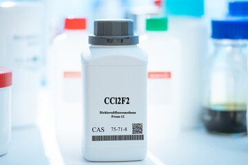 CCl2F2 dichlorodifluoromethane freon-12 CAS 75-71-8 chemical substance in white plastic laboratory packaging