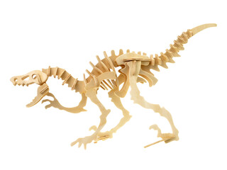 Wooden toy dinosaur skeleton isolated on white background, Wooden dinosaur crafts.