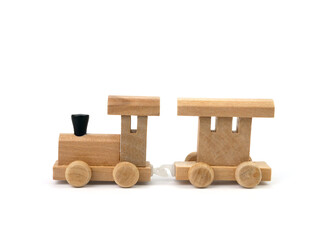 Wooden train isolated on white background, Train toy made by real wood, Vintage wood toy.