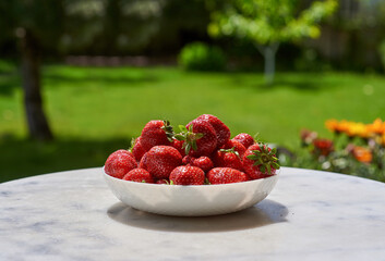 Fresh ripe organic red berry strawberries in white bowl on the marble table  . Backyard background....