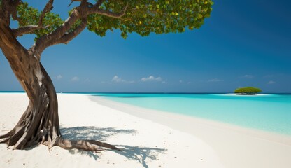 Old tree on the shore. Amazing paradise islands of Maldives. Generative AI