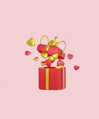 A red gift box with a gold ribbon and a blue hearts in the air.3d render illustration