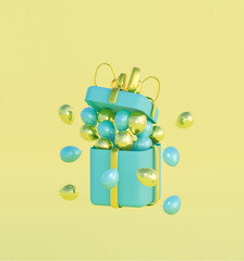 A blue gift box with a gold ribbon and a blue ball in the air. 3d render illustration