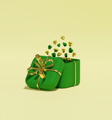 A blue gift box with a gold ribbon and a blue hearts in the air. 3d render illustration