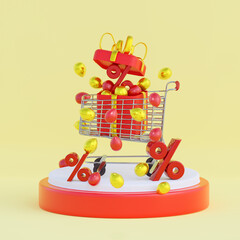 A poster with a podium on which there is a shopping cart with a gift box and sale discounts on it