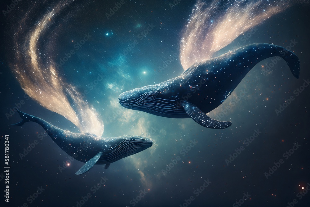 Wall mural whales floating through the milky way, rich colours. generative ai.