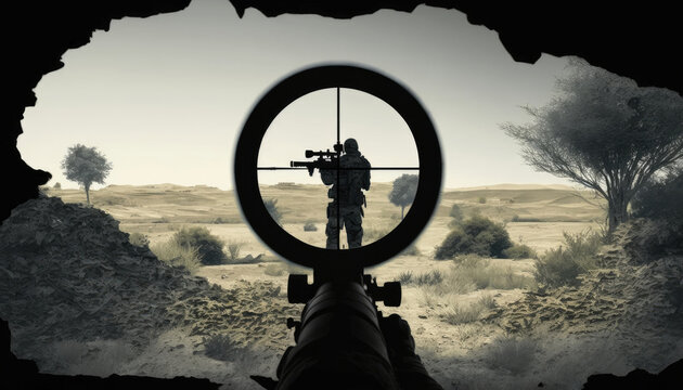 View through scope sniper rifle to military soldier with gun, sniper aiming for take a shot and eliminate enemy, preparing for accurate shot. Sniper scope view to enemy on open space, generative AI