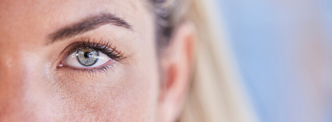 Eye closeup portrait, woman and mockup space with blurred background for vision, wellness and...