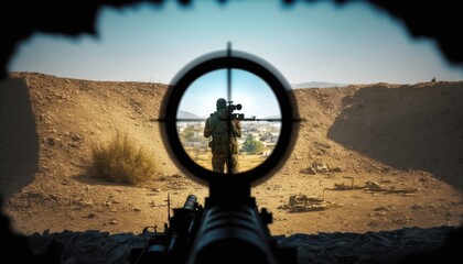 View through scope sniper rifle to military soldier with gun, sniper aiming for take a shot and eliminate enemy, preparing for accurate shot. Sniper scope view to enemy on open space, generative AI - obrazy, fototapety, plakaty