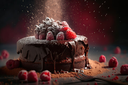 A decadent dessert of chocolate cake is beautifully presented, with layers of rich chocolate ganache and fresh red fruits. The dessert is finished with a dusting of powdered sugar AI GENERATIVE