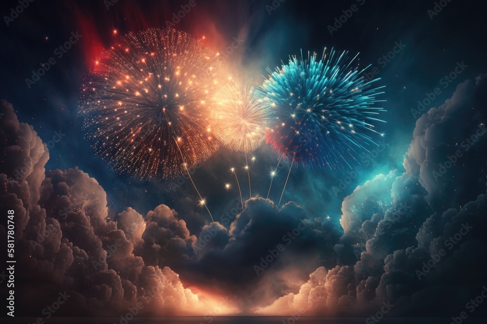 Wall mural Salute of celebration in the night sky. fireworks and pyrotechnics explosions in the sky. Generative AI