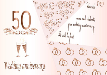 50th wedding anniversary invitation. Golden abstract decorative background. Rose gold metal. Decorative patterns with flowers. illustration  Wedding engagement rings. Save the date
