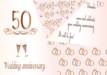50th wedding anniversary invitation. Golden abstract decorative background. Rose gold metal. Decorative patterns with flowers. illustration vector. Wedding engagement rings. Save the date