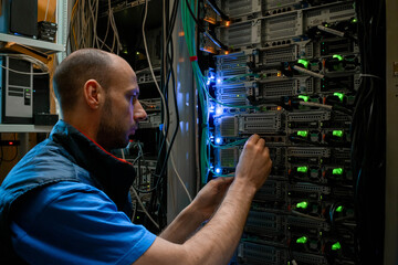A technician works with server hardware in a data center. Man