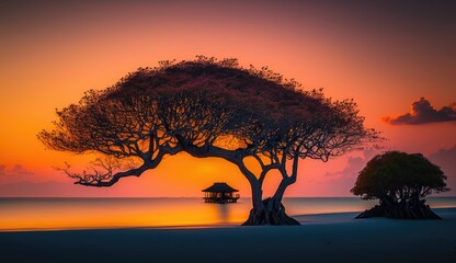 Obraz na płótnie Canvas Tree at sunset. Amazing paradise islands of Maldives. Generative AI