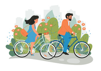 A man and a woman rides bicycles. couple travel together in summer in the city park. Couple relationship concept. Vector illustration.