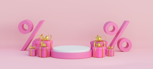 A poster for special offer discounts with a podium and a pink gift boxes. 3d render illustration