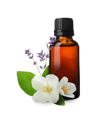 Bottle of lavender jasmine essential oil, green leaves and flowers on white background