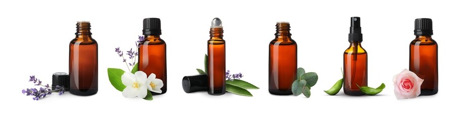 Set of different essential oils in bottles and ingredients on white background