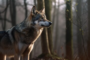 Naklejka na ściany i meble A wolf in the woods. Cinematic Look. Generative AI.