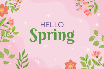 Pink flowers and green leaves framing rectangular space, soft background. Playful script text Hello Spring seasonal design and promotion. Evoking feeling of renewal and fresh starts that spring brings