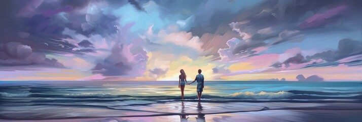 Young couple in love standing on the beach, romantic sunset dusk blue sky clouds, vast panoramic ocean view, summer night vacation, serenity and peace, enjoying the moment together - generative AI