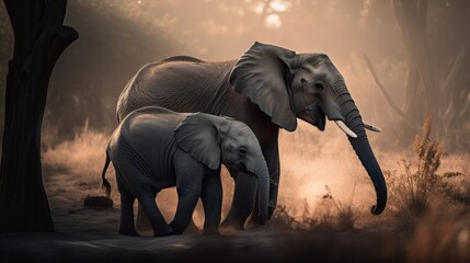Elephant mother and elephant child. Mother and child concept. Father and child concept. Generative AI.