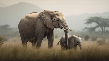 Fototapeta na wymiar Elephant mother and elephant child. Mother and child concept. Father and child concept. Generative AI.