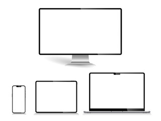 A png set of isolated smart devices with blank screen: smartphone, tablet, laptop and desktop. Stock royalty free illustration