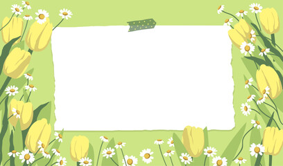 Spring background with yellow tulips and daisies. Flowers background for design. Place for your text.