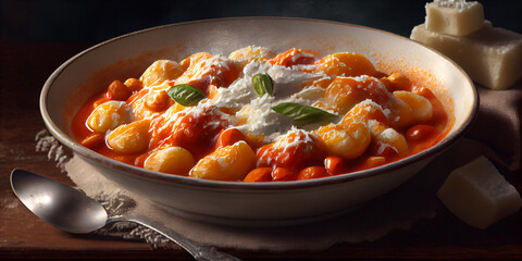 A bowl of gnocchi with tomato sauce and parmesan cheese generated by AI