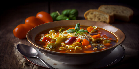 A bowl of minestrone, vegetable soup with pasta generated by AI - obrazy, fototapety, plakaty