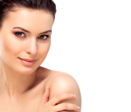 Beautiful Face of Young Woman with Clean Fresh Skin close up isolated on transparent. Beauty Portrait. Beautiful Spa Woman Smiling. Perfect Fresh Skin. Pure Beauty Model. Skin Care Concept